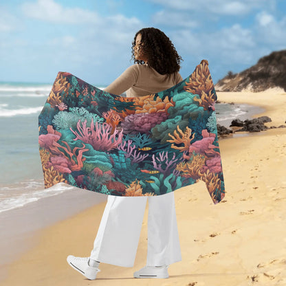 Colorful  Rip Tide Coral Reef Sarong by ShitHot, featuring intricate corals and vibrant fish—perfect for beach outings! theshithotcompany