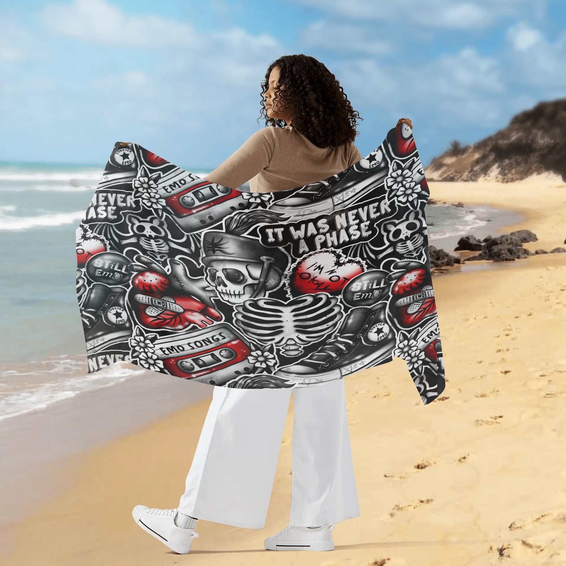 Rip Tide Sarong – Emo Vibes by ShitHot: Edgy skeleton design, lightweight and versatile for bold beach style. theshithotcompany