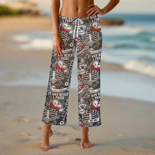 Rip Tide Beach Cover Up Pants – Emo Vibes by ShitHot: Edgy skeleton design, comfortable fabric, customizable fit, bold for beach or casual wear. theshithotcompany