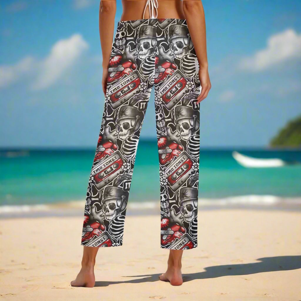 Rip Tide Beach Cover Up Pants – Emo Vibes by ShitHot: Edgy skeleton design, comfortable fabric, customizable fit, bold for beach or casual wear. theshithotcompany