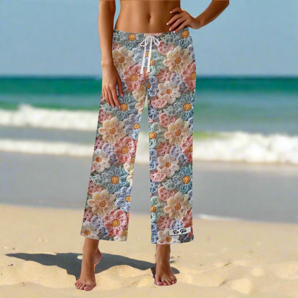 Rip Tide Beach Cover Up Pants – The Posy by ShitHot: Crochet flower petal design, breathable fabric, customizable fit, stylish for beach outings. theshithotcompany