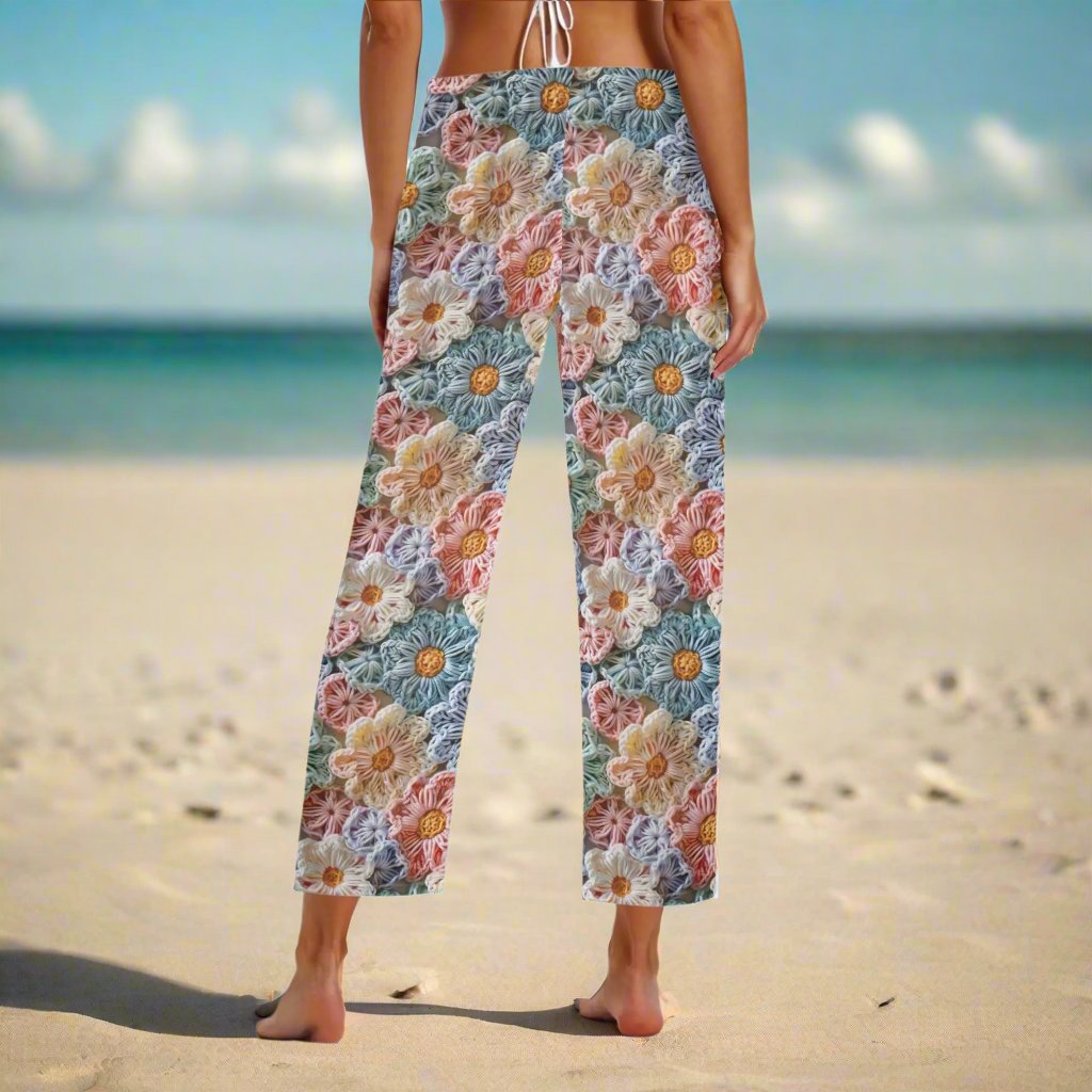 Rip Tide Beach Cover Up Pants – The Posy by ShitHot: Crochet flower petal design, breathable fabric, customizable fit, stylish for beach outings. theshithotcompany