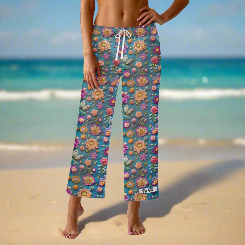 Rip Tide Beach Cover Up Pants – Petal Pop by ShitHot: Colorful flower print, lightweight comfort, adjustable waist, vibrant for beach days. theshithotcompany