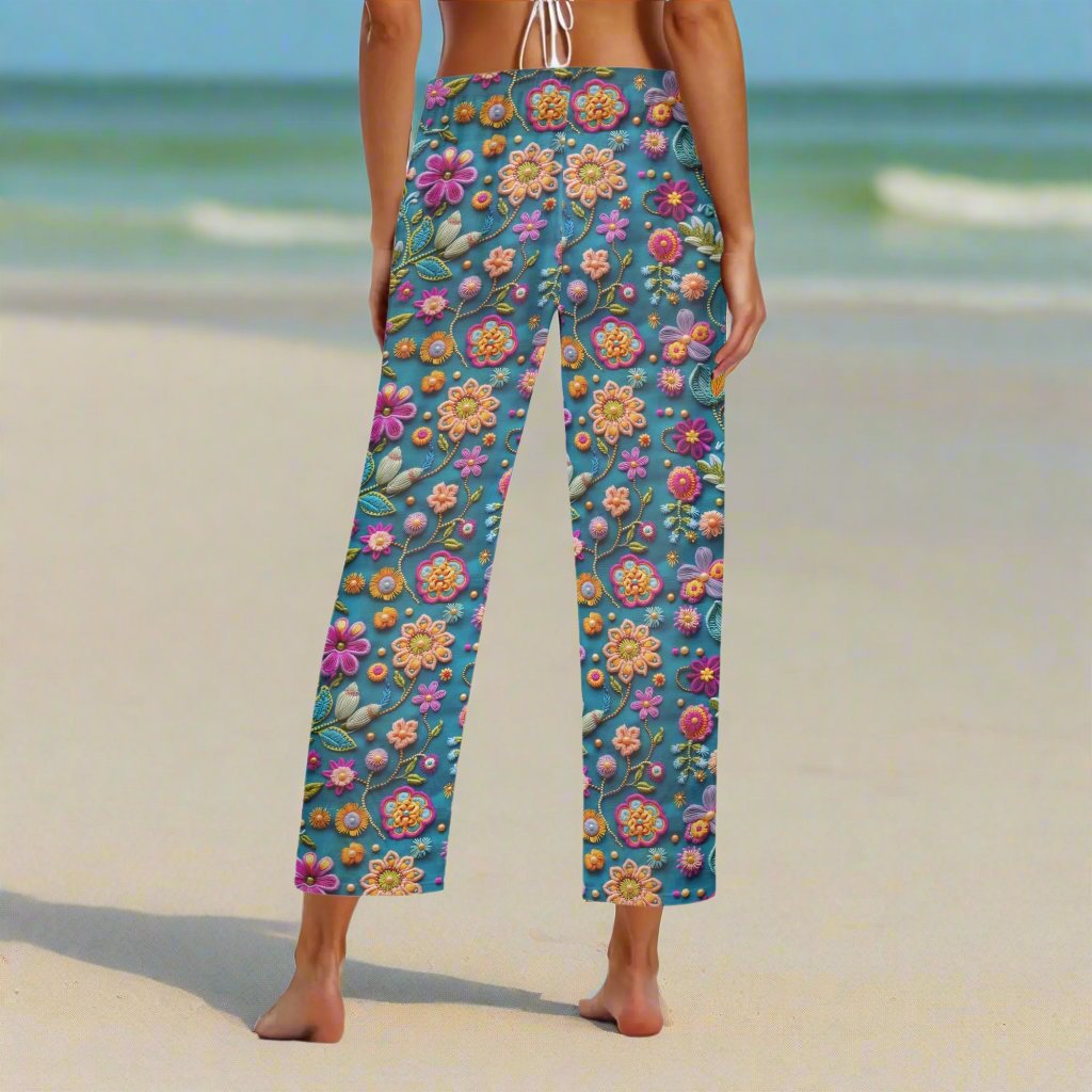 Rip Tide Beach Cover Up Pants – Petal Pop by ShitHot: Colorful flower print, lightweight comfort, adjustable waist, vibrant for beach days. theshithotcompany