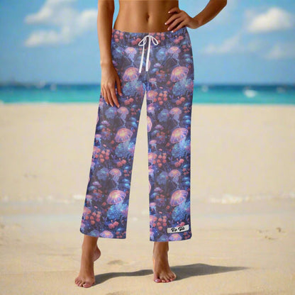 Rip Tide Beach Cover Up Pants – Jellyfish Dream by ShitHot: Radiant jellyfish design, lightweight comfort, adjustable waist, perfect for beach looks. theshithotcompany