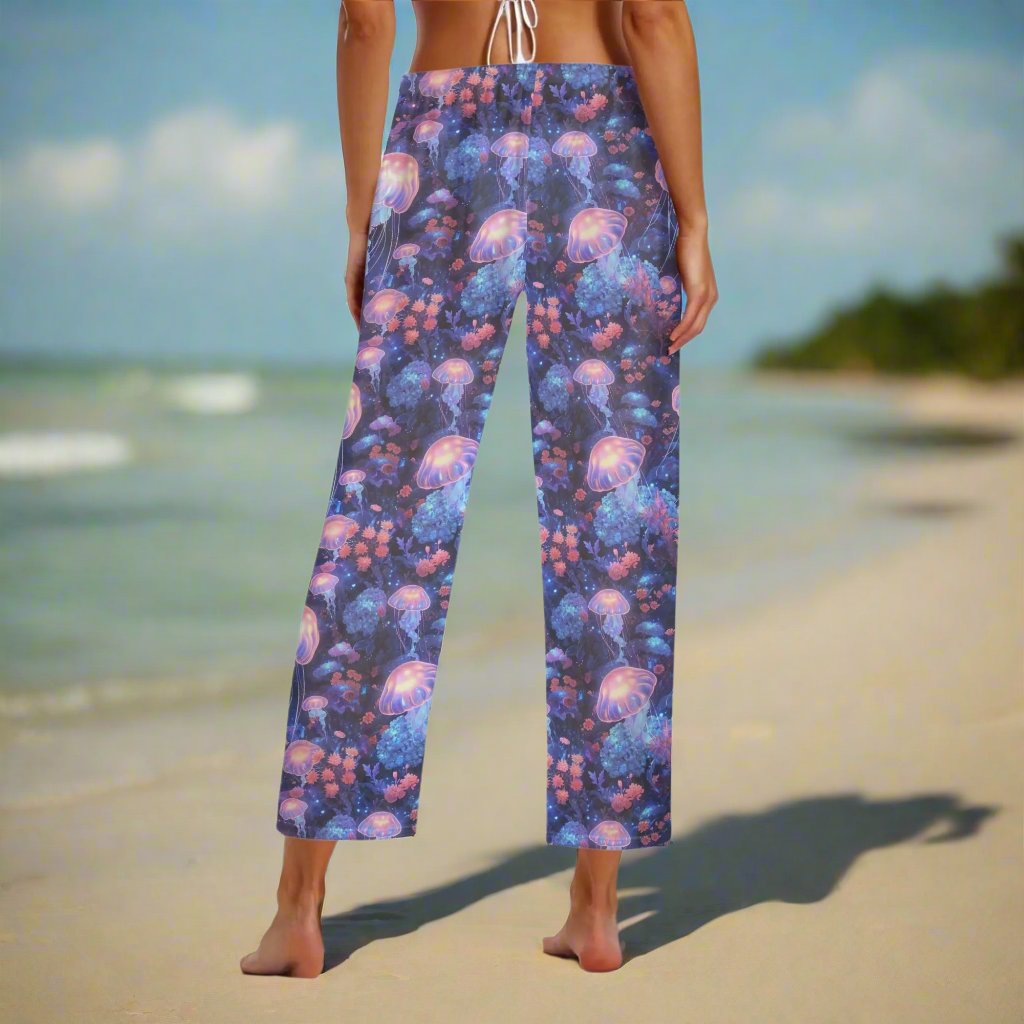 Rip Tide Beach Cover Up Pants – Jellyfish Dream by ShitHot: Radiant jellyfish design, lightweight comfort, adjustable waist, perfect for beach looks. theshithotcompany