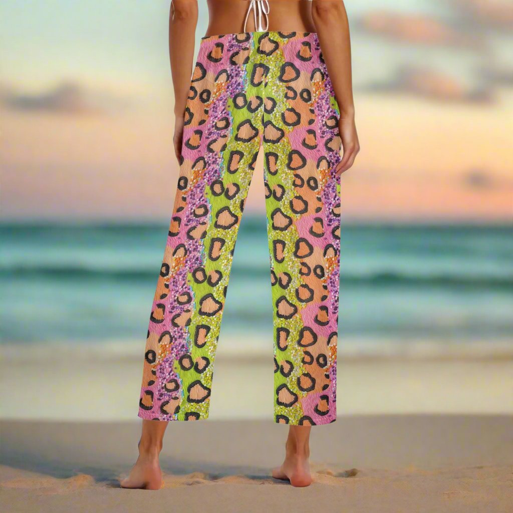 Rip Tide Beach Cover Up Pants – Wild Sparkle by ShitHot: Glamorous leopard print with sequins, breathable material, adjustable fit, stylish for beach parties. theshithotcompany