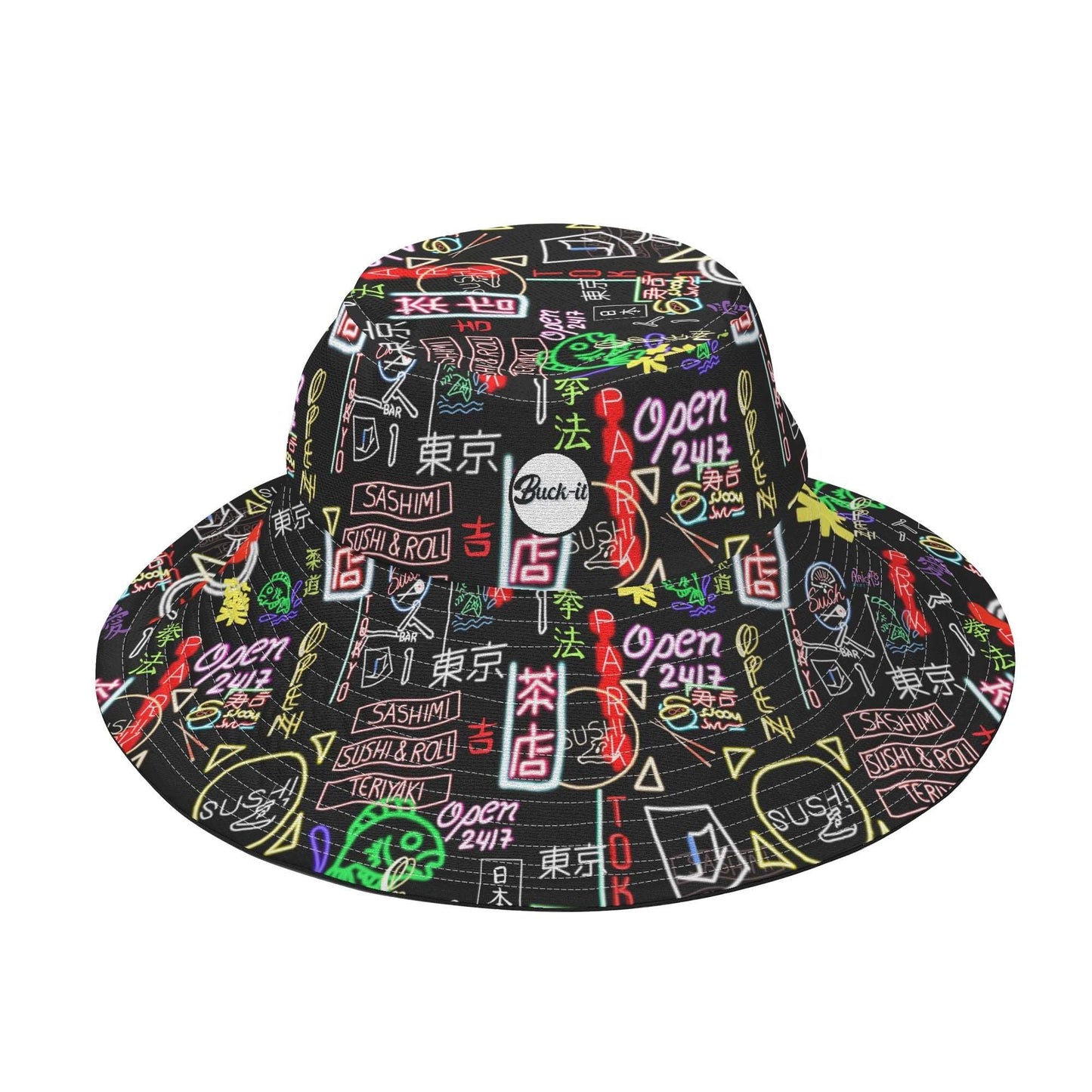 Shibuya Bucket Hat featuring vibrant neon-inspired Tokyo street art pattern with Japanese characters, colorful graffiti-style illustrations, and urban symbols on black background - Women's Hat Collection - Bold & Custom Designs, ShitHot Best Sellers