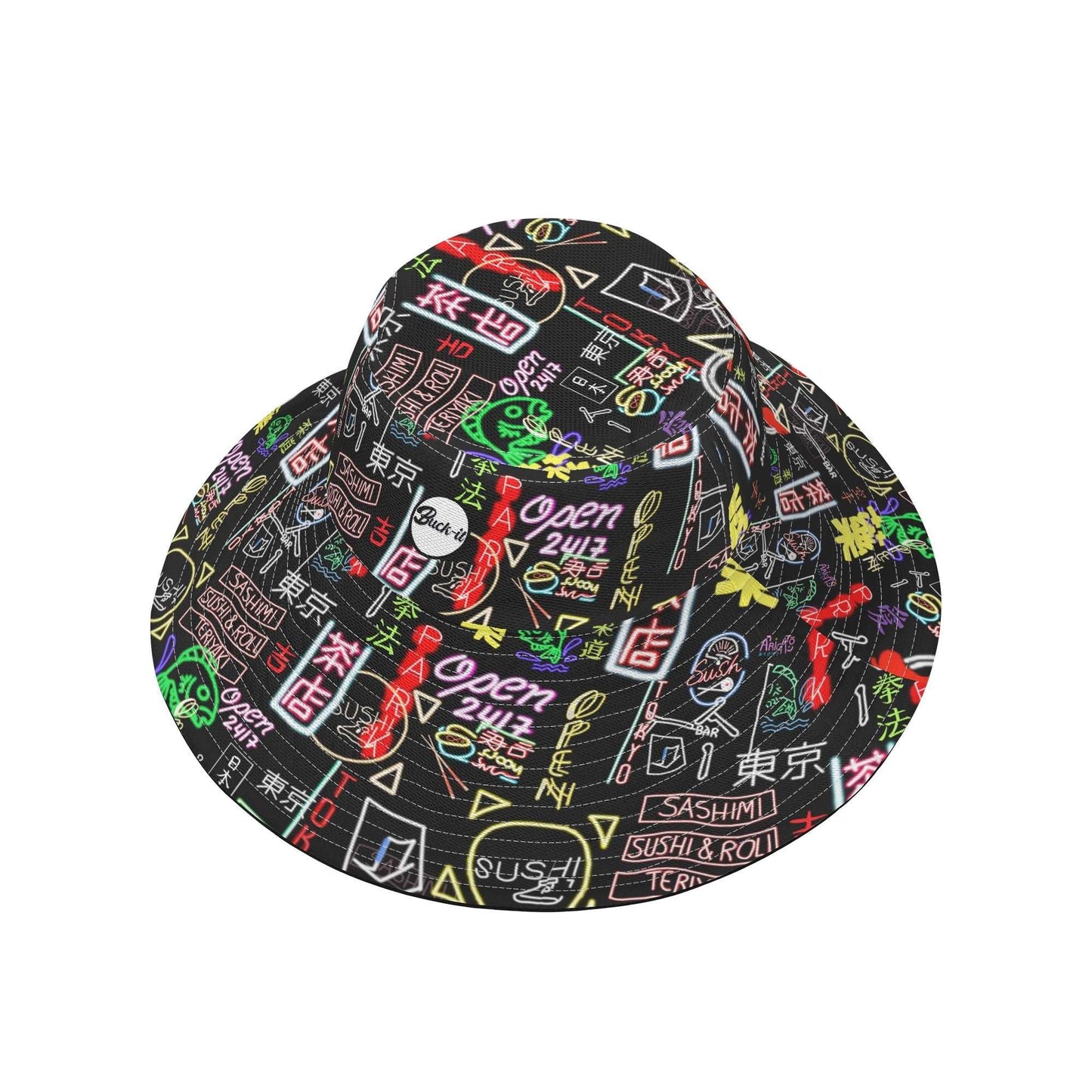 Shibuya Bucket Hat featuring vibrant neon-style Tokyo street art print on black background with Japanese food icons, music notes, and urban symbols. Women's streetwear accessory with all-over pattern design. Women's Hat Collection - Bold & Custom Designs, ShitHot Best Sellers