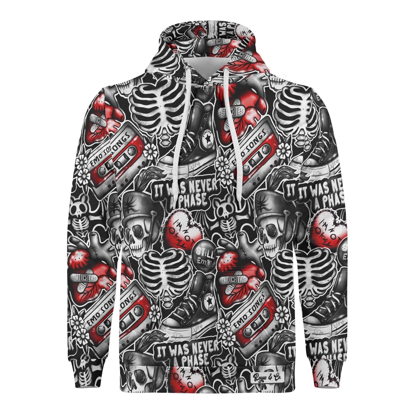 "Rogue & Co Hoodie - Emo Vibes, skeletons design, cozy, durable, available in sizes S-7XL." theshithotcompany