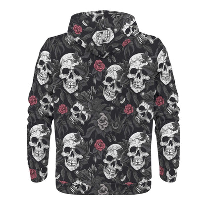 "Rogue & Co Men's Skull Rebel Hoodie, bold skull design with red roses, durable polyester, sizes S-7XL." theshithotcompany