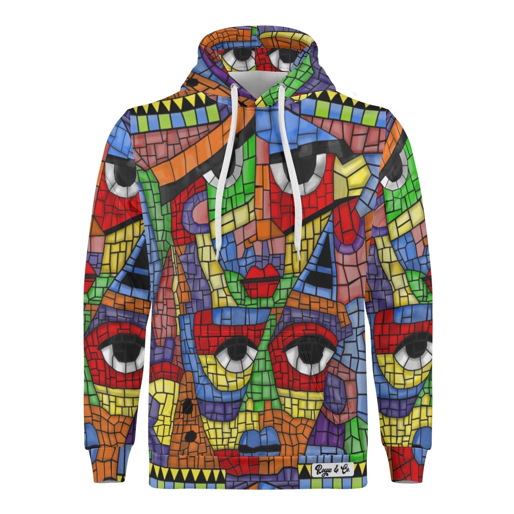 Rogue & Co Men's Hoodie - The Picasso featuring vibrant mosaic tile pattern with abstract face design. Colorful hoodie with drawstring and front pocket, showcasing eye-catching geometric shapes and multiple stylized eyes in various hues.