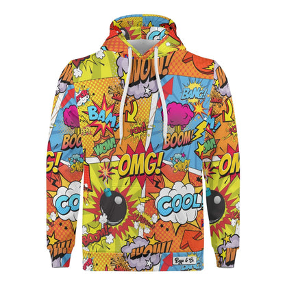 Rogue & Co Men's Hoodie - The Comic featuring vibrant comic-style print with bold colors, dynamic illustrations, and pop-art sound effects. Stylish hooded sweatshirt with drawstring and front pocket, perfect for casual wear and making a statement.