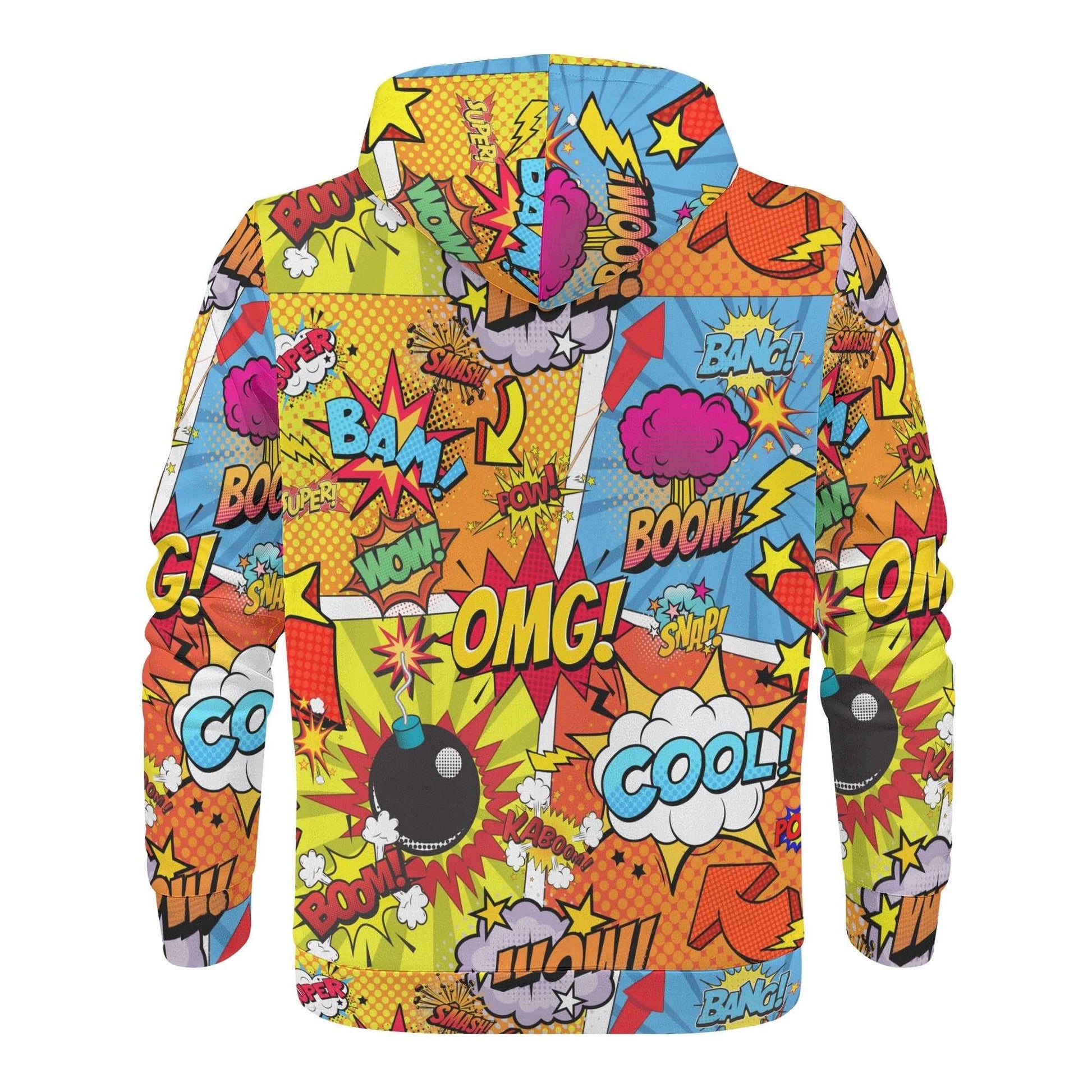 Rogue & Co Men's Hoodie - The Comic featuring vibrant comic book-inspired print with colorful speech bubbles, action words, and pop art elements on a yellow, blue, and orange background, showcasing a bold and playful design perfect for casual wear