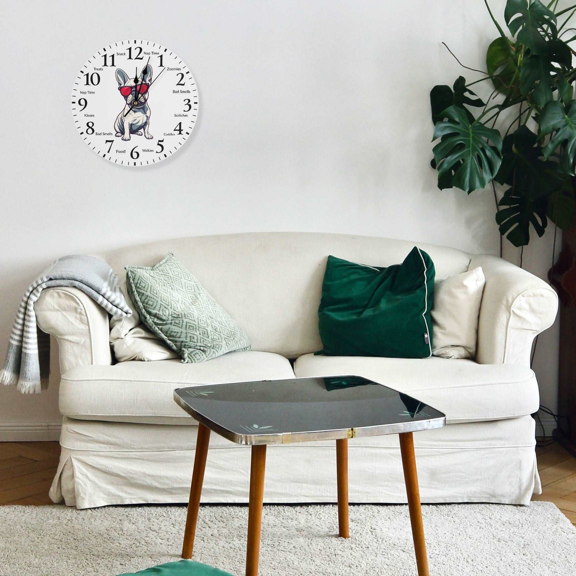 "Pawsome French Bulldog Decorative Wall Clock featuring playful pet activity reminders for dog owners" theshithotcompany