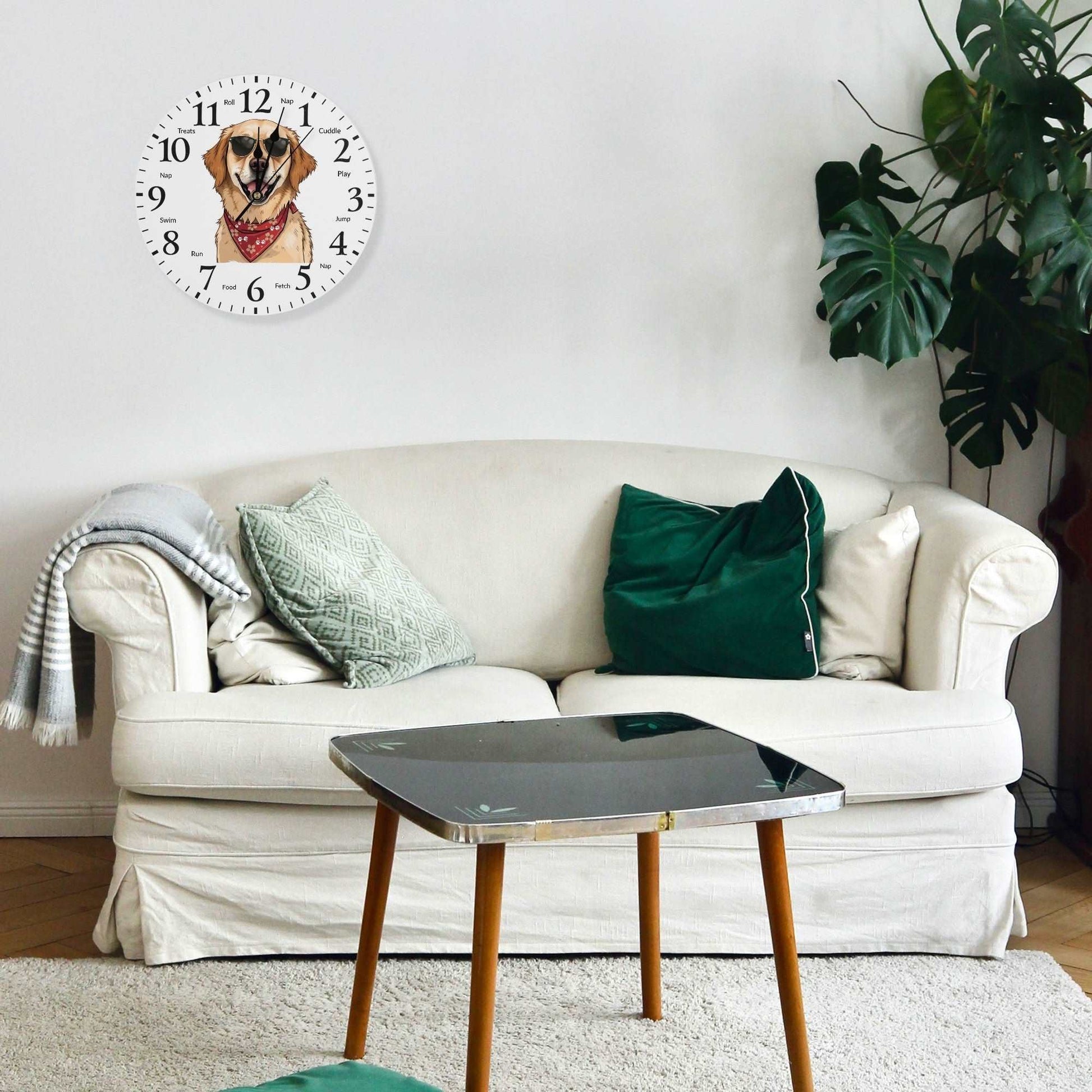 "Pawsome Golden Retriever Wall Clock: Stylish decor with playful reminders for dog lovers' homes." theshithotcompany