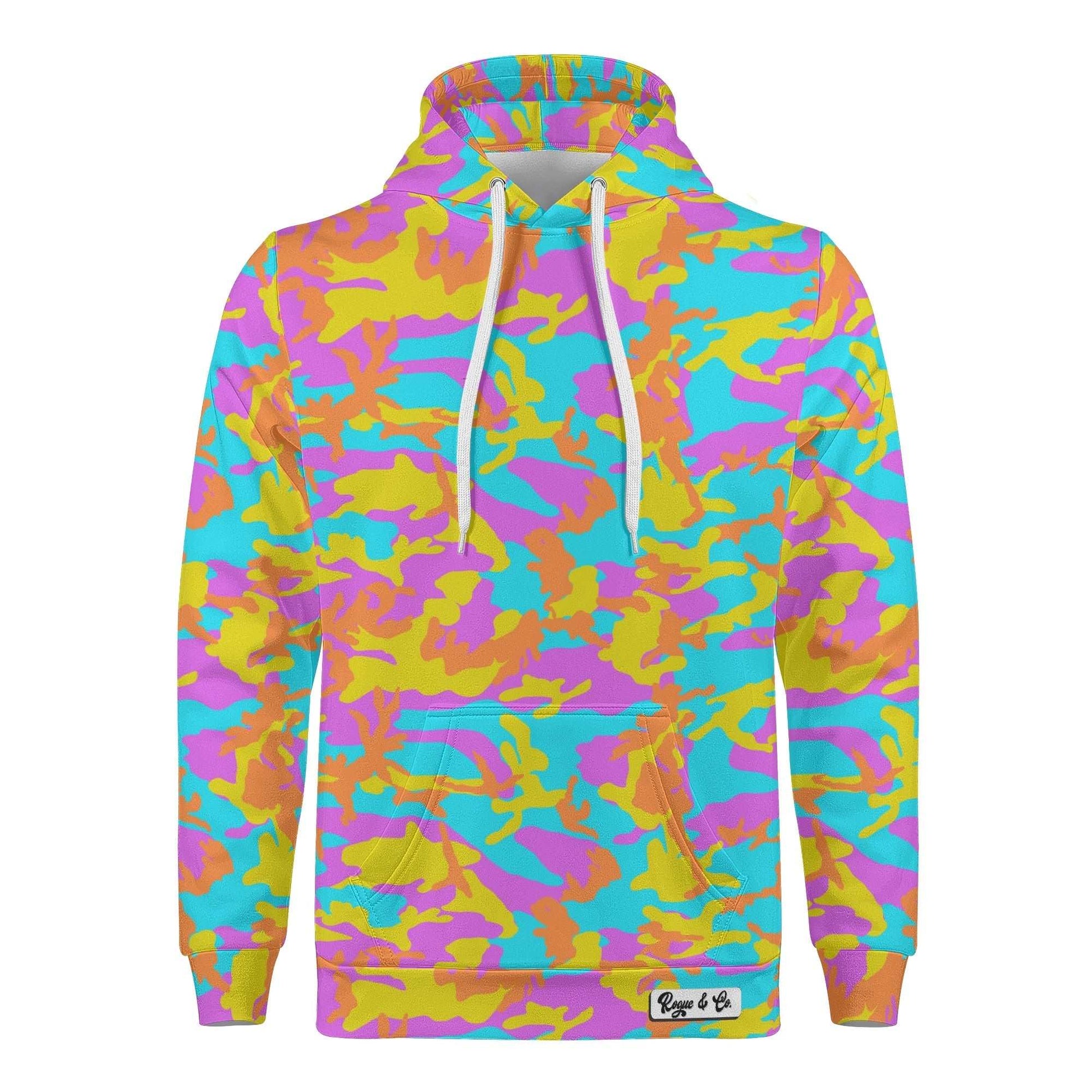 "Rogue & Co Thunder Camo Hoodie with vibrant camo pattern, cozy hood, and spacious pocket." theshithotcomnpany