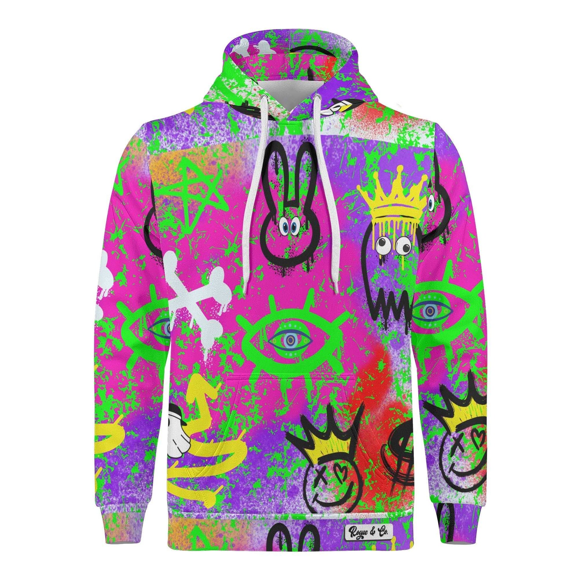 "Rogue & Co The Notorious Hoodie with vibrant graffiti pattern and cozy drawstring hood." theshithotcompany