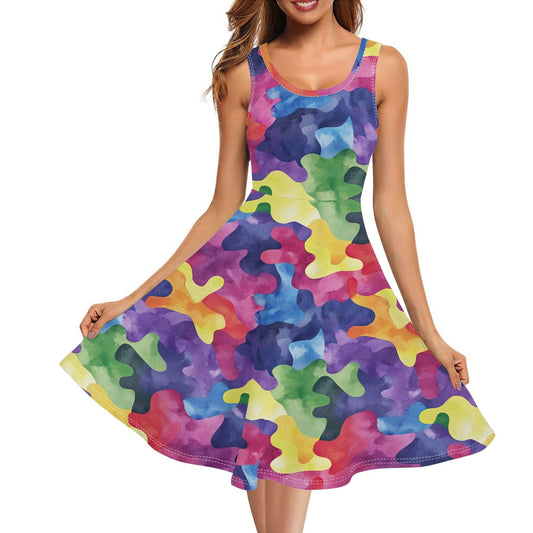 Ocean Camo Skater Dress shown in vibrant multicolored camouflage pattern with blues, purples, yellows, and greens blending together in a watercolor-like design. Sleeveless A-line silhouette with scoop neckline and knee-length flared skirt.