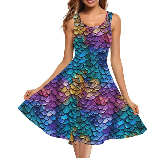 Luminous Siren Skater Dress featuring iridescent rainbow scale pattern on flared A-line silhouette. Sleeveless sundress with scoop neckline showcases vibrant blue, purple, and gold mermaid-inspired design on knee-length skirt, perfect for summer occasions.