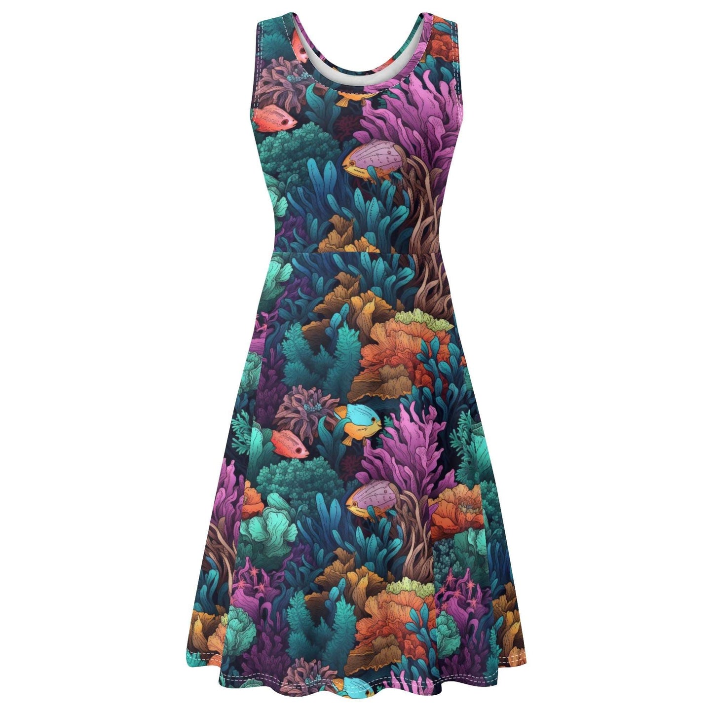 Barrier Reef Skater Dress featuring vibrant underwater scene with colorful coral reefs in teal, purple, and orange, swimming tropical fish in bright hues, set against a dark background. Sleeveless A-line sundress with round neckline and all-over marine life print pattern.