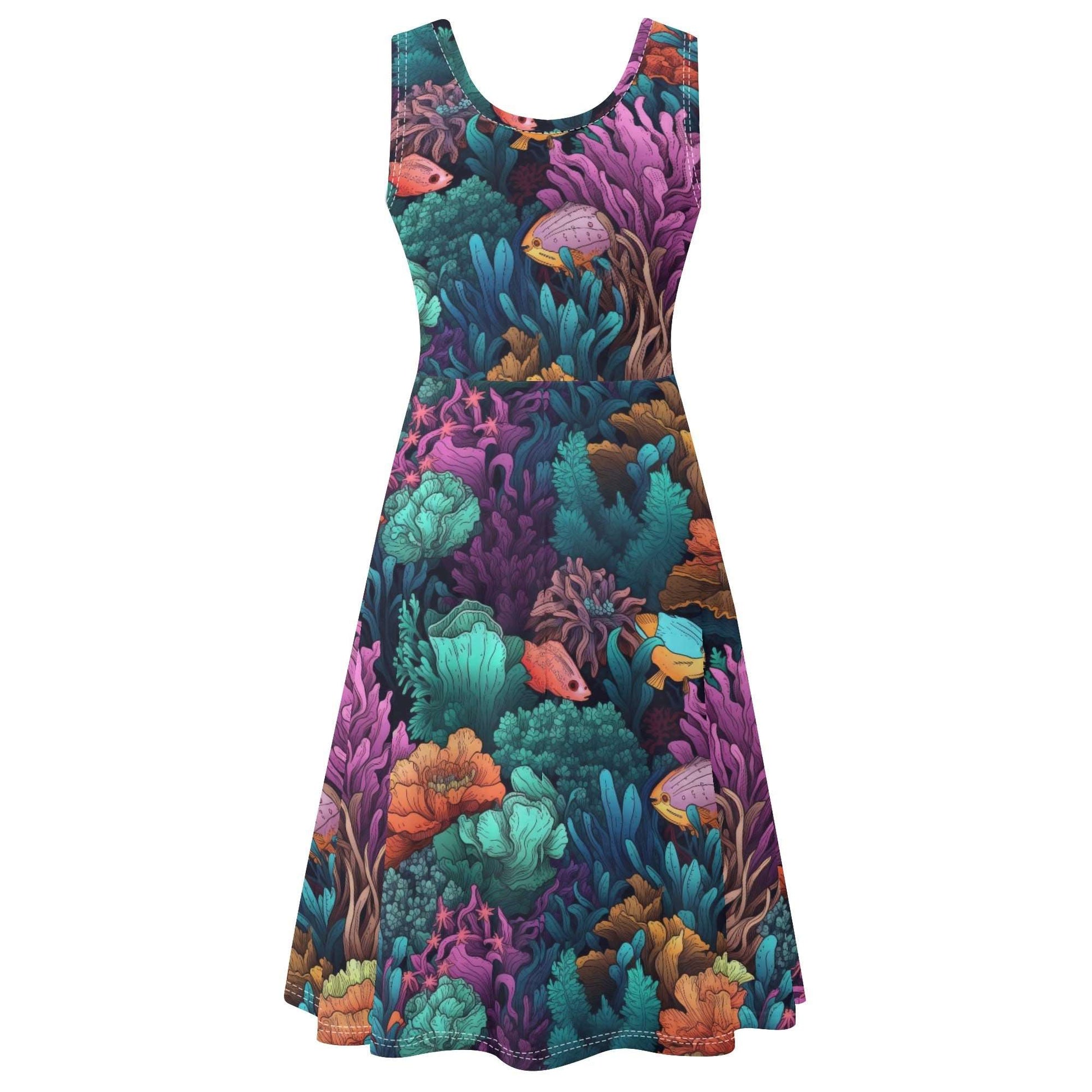 Barrier Reef Skater Dress featuring vibrant underwater coral reef pattern with colorful tropical fish swimming among turquoise, purple, and orange coral formations. Sleeveless A-line dress with round neckline and wrap detail showcases a mesmerizing ocean-inspired print.