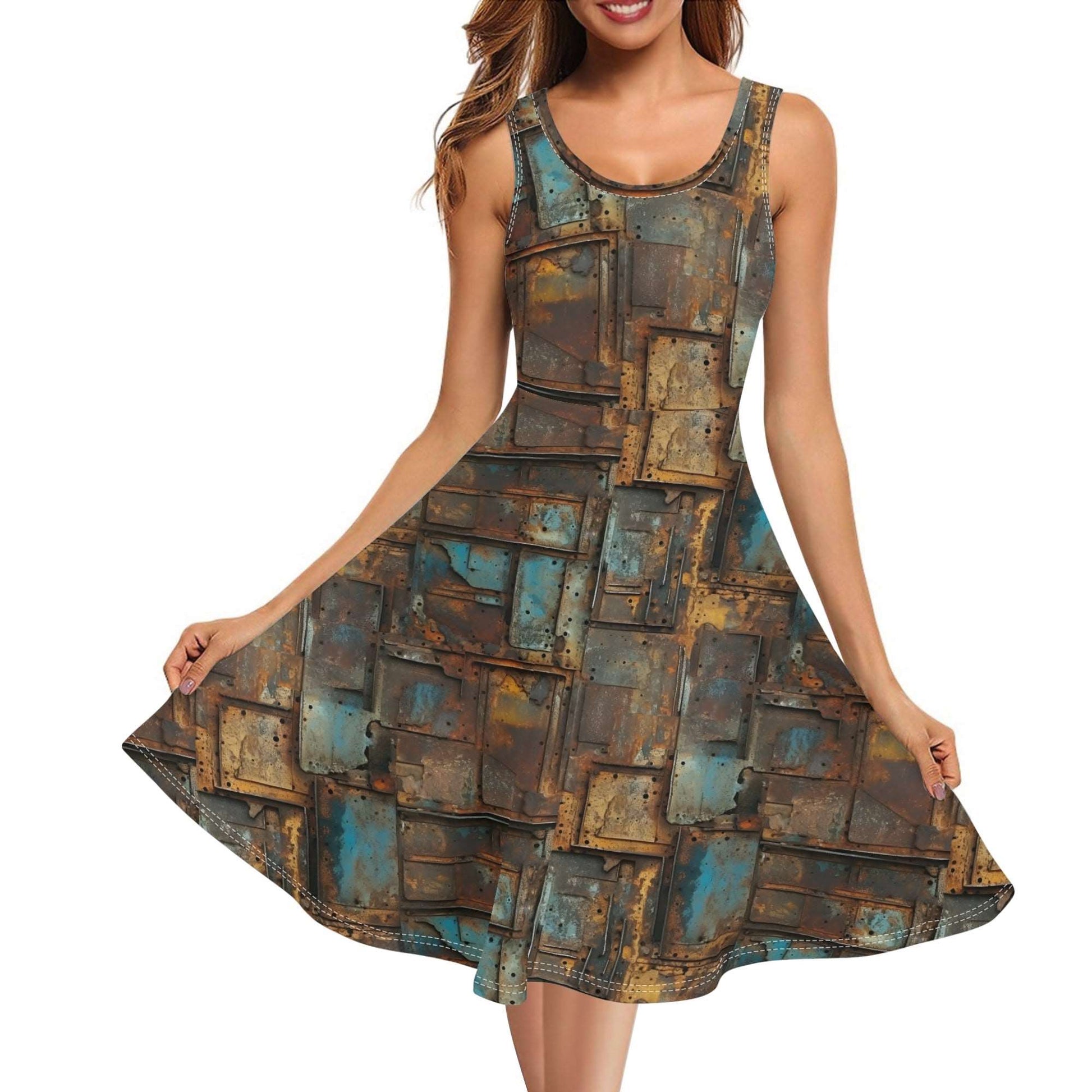 Women's sleeveless mini wrap skater sundress featuring a unique metal-inspired print, soft fabric, and flattering A-line silhouette. Theshithotcompany