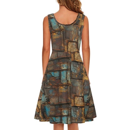 Women's sleeveless mini wrap skater sundress featuring a unique metal-inspired print, soft fabric, and flattering A-line silhouette. Theshithotcompany