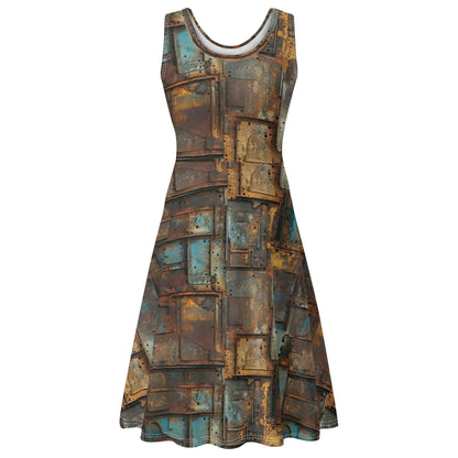 Women's sleeveless mini wrap skater sundress featuring a unique metal-inspired print, soft fabric, and flattering A-line silhouette. Theshithotcompany