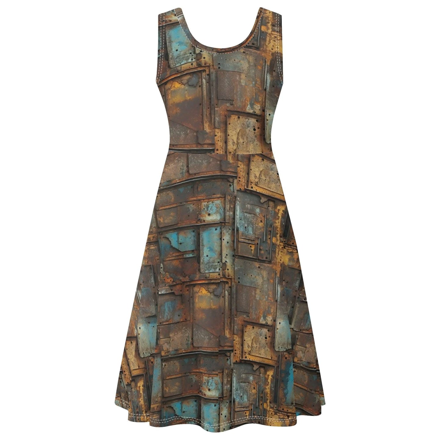 Women's sleeveless mini wrap skater sundress featuring a unique metal-inspired print, soft fabric, and flattering A-line silhouette. Theshithotcompany