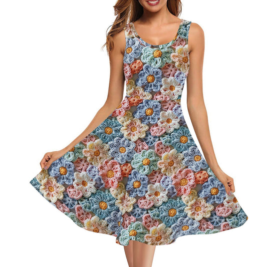 
The Posy sundress boasts a whimsical crochet flower design, breathable fabric, and flattering A-line silhouette with pockets. theshithotcompany