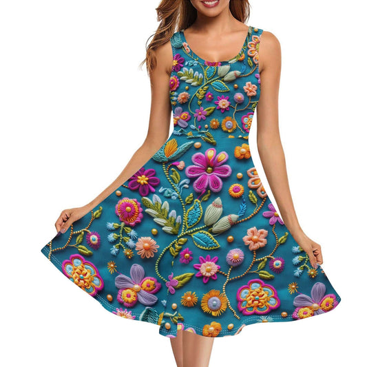 The Rogue & Co Women's Sleeveless Mini Wrap Skater Sundress showcases a colorful floral design, ideal for summer events and comfort.. Theshithotcompany