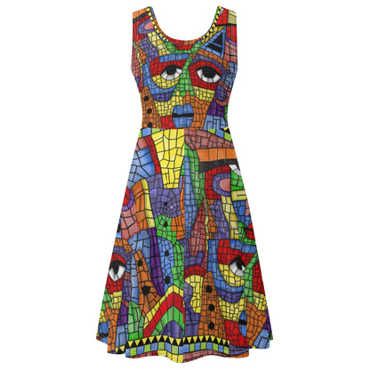 A vibrant sundress featuring The Picasso print, perfect for summer outings with a flattering A-line silhouette and hidden pockets. Theshithotcompany