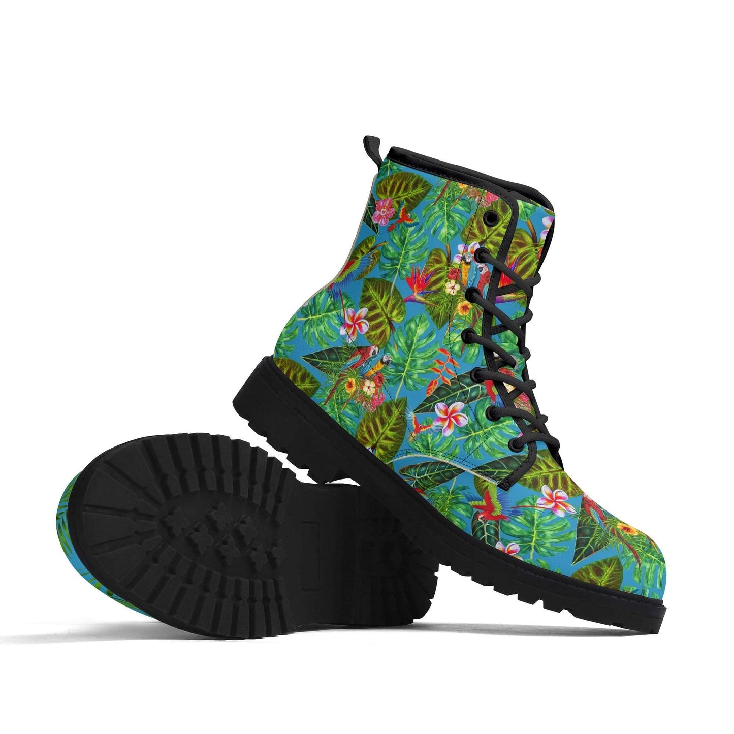 Treadz Men's Mismatch Signature Boots - Tropicana featuring vibrant tropical pattern with green palm leaves, colorful birds, and exotic flowers on leather combat boots with black laces and rugged rubber soles