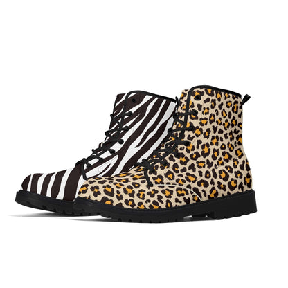 Treadz Men's Mismatch Signature Boots - Safari featuring unique mismatched design with zebra stripes on left boot and leopard print on right boot, black laces, rubber outsole, and platform heel against white background.