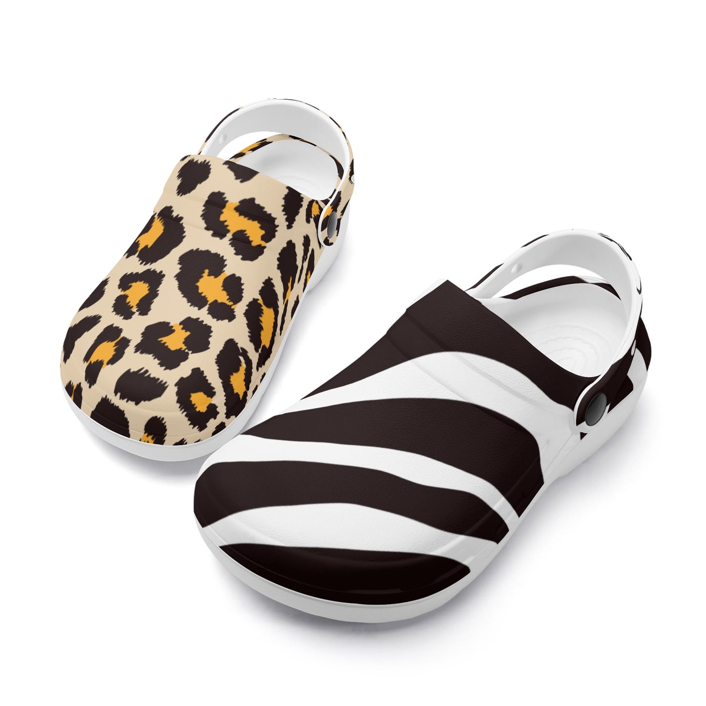 Treadz Nursing Slide On Mismatch Clogs - Safari featuring mismatched design with leopard print on left clog and zebra stripes on right clog, both with white trim and closed back, made from EVA rubber for healthcare professionals