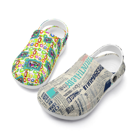 Treadz Nursing Slide On Mismatch Clogs - Retro Media featuring mismatched designs: one clog with colorful retro tech pattern in green, yellow, and blue squares, the other with vintage newspaper print in grey and turquoise. White comfortable nursing clogs with slip-resistant soles.