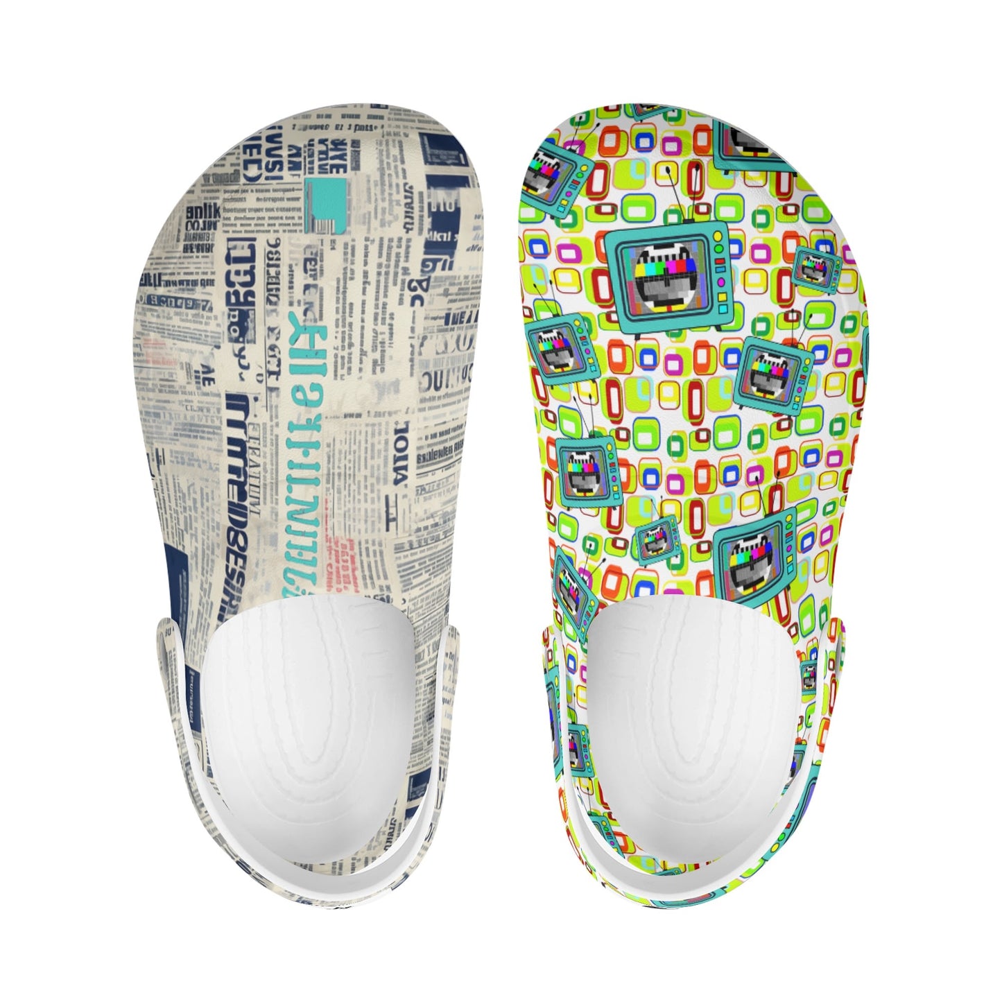 Treadz Nursing Slide On Mismatch Clogs - Retro Media featuring mismatched design with vintage newspaper print on left clog and colorful retro TV test pattern on right clog, white trim and slip-resistant sole