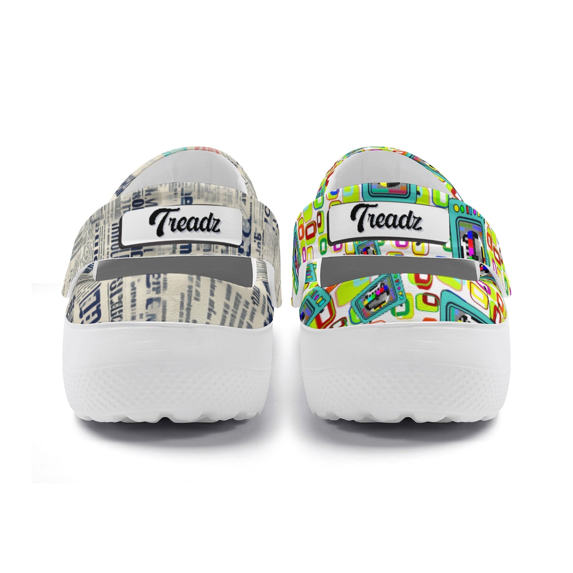 Treadz Nursing Slide On Mismatch Clogs - Retro Media featuring mismatched design with vintage newsprint pattern on left shoe and colorful retro test pattern on right shoe, white soles and branded strap across top