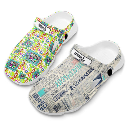 Treadz Mismatch Clogs - Retro Media featuring white EVA clogs with contrasting designs: one shoe with vintage newspaper print and the other with colorful retro TV test pattern squares, displayed on white background