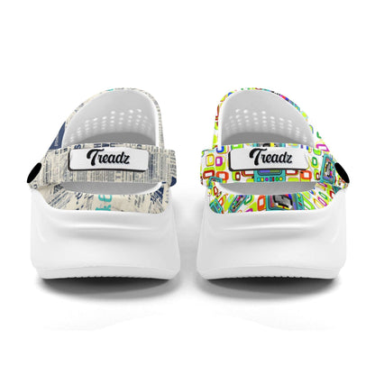 Treadz Mismatch Clogs - Retro Media featuring unique mismatched design with vintage newsprint pattern on one clog and colorful test pattern on the other, set on white EVA soles with ventilation holes and branded straps