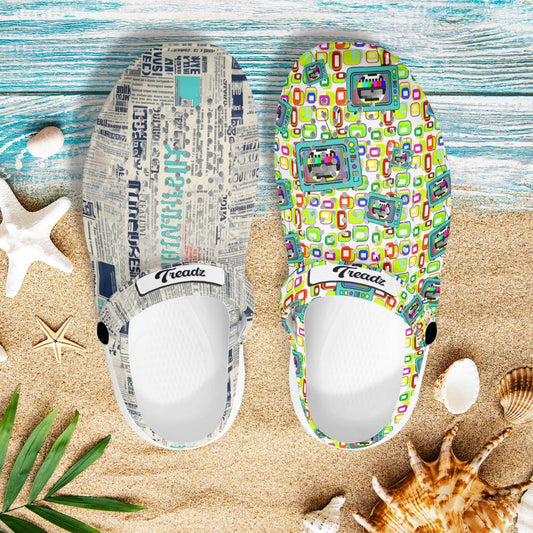 Treadz Mismatch Clogs - Retro Media featuring mismatched design with vintage newsprint on left clog and colorful retro test pattern on right clog, displayed on beach-themed background with seashells and sand