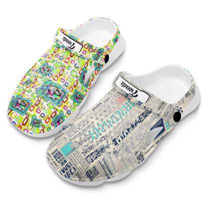 Treadz Mismatch Clogs - Retro Media featuring mismatched design with vintage newspaper print on one clog and colorful retro TV test pattern on the other, white EVA material construction with ventilation holes