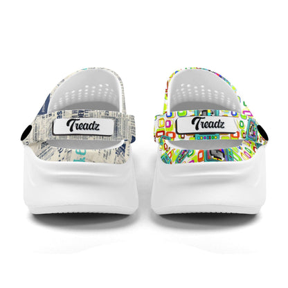 Treadz Mismatch Clogs - Retro Media featuring mismatched design with vintage newsprint on one clog and colorful test pattern on the other, white EVA material base with ventilation holes and adjustable straps