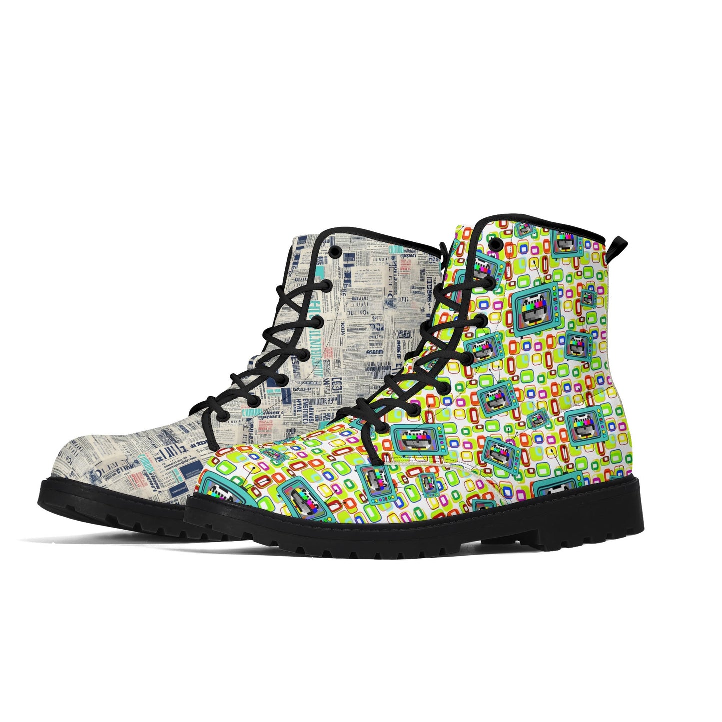 Treadz Mismatch Signature Boots - Retro Media featuring unique mismatched design with vintage newspaper print on left boot and colorful retro test pattern on right boot, black laces and sole, platform style combat boot design