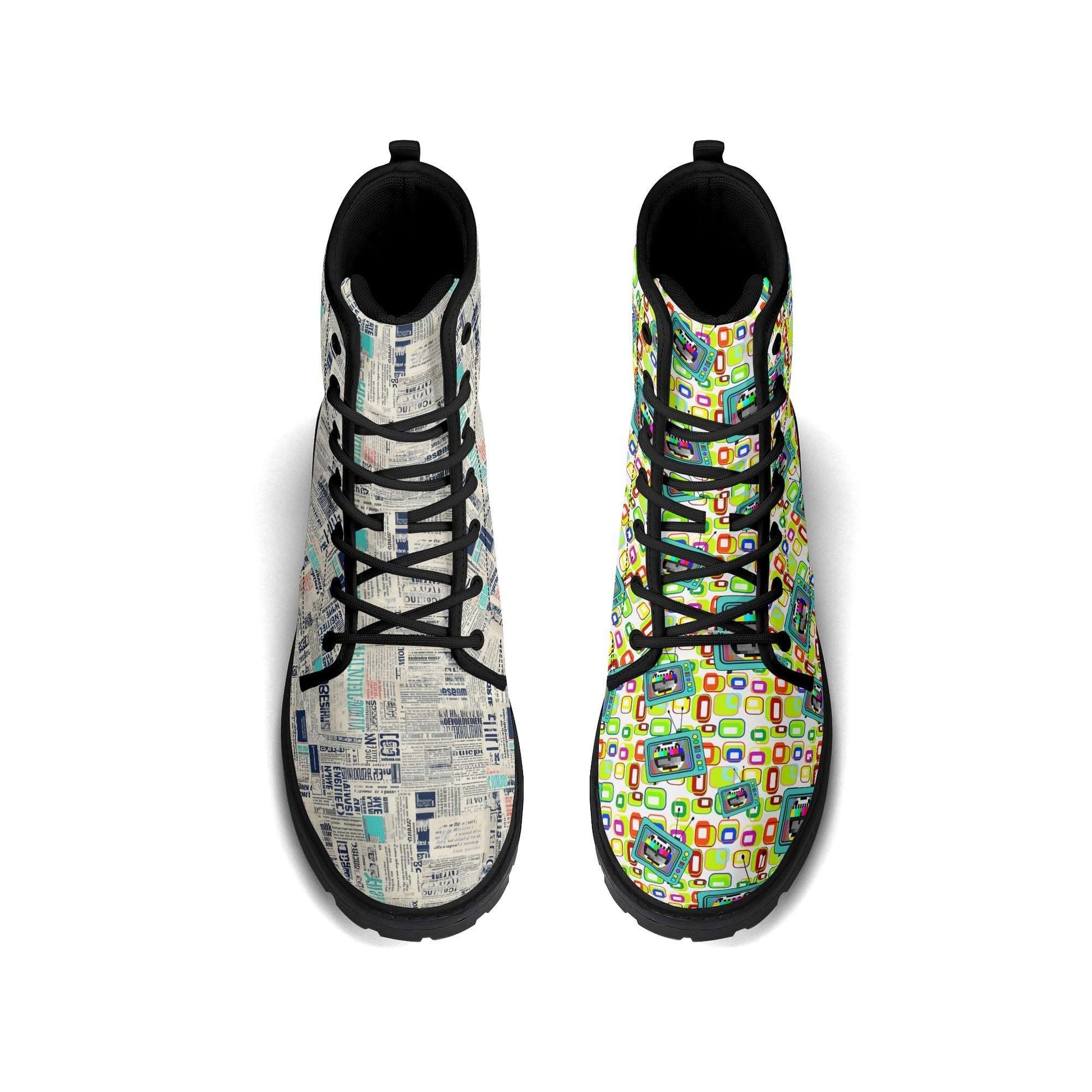 Treadz Mismatch Signature Boots - Retro Media featuring unique mismatched design with vintage newspaper print on left boot and colorful retro test pattern on right boot, black laces and trim, rubber outsole, displayed from above view