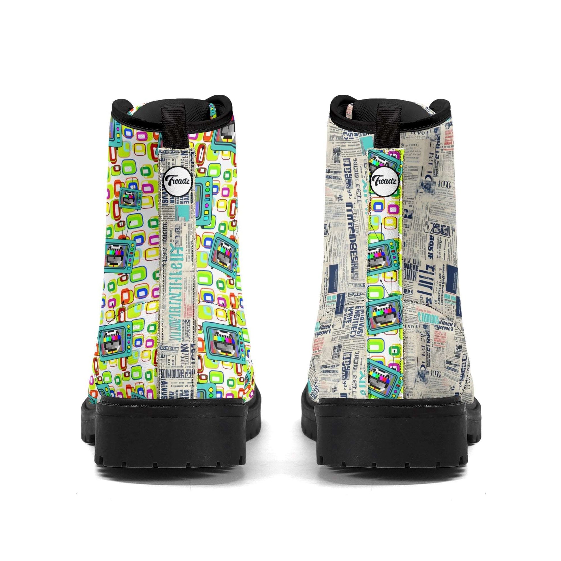 Treadz Mismatch Signature Boots - Retro Media featuring mismatched designs: colorful geometric squares pattern on left boot and vintage newspaper print on right boot, with black soles and laces, platform style combat boot design