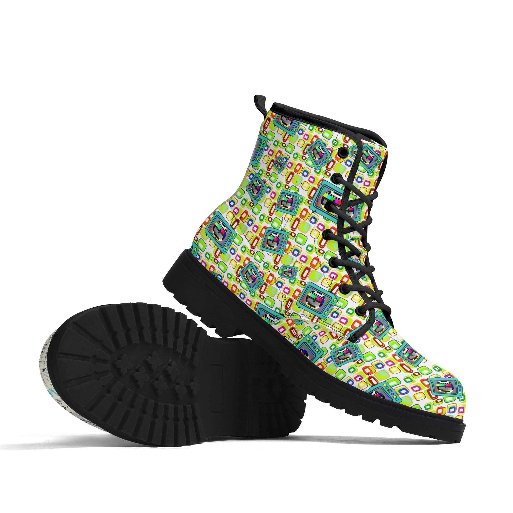 Treadz Mismatch Signature Boots - Retro Media featuring colorful retro-inspired print pattern with letters and shapes on lime green background, black laces and sole, combat boot style design for modern fashion statement