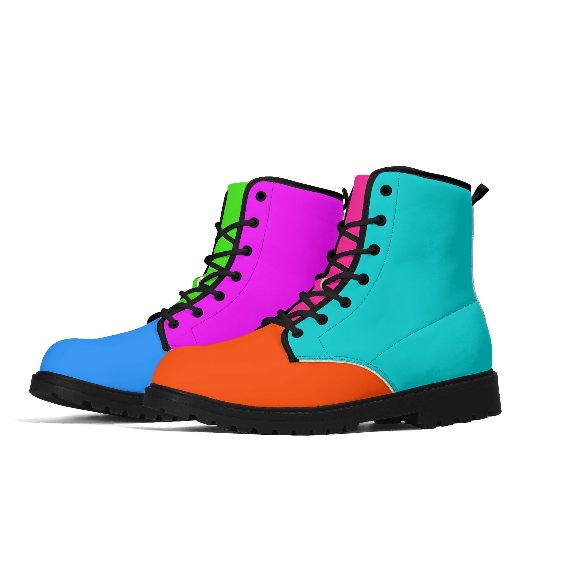 Treadz Men's Mismatch Signature Boots - Flare featuring vibrant color-blocked design with blue, orange, pink, and turquoise panels, black laces and trim, rubber outsole, and combat boot silhouette. Each boot displays different color combinations for a unique mismatched aesthetic.