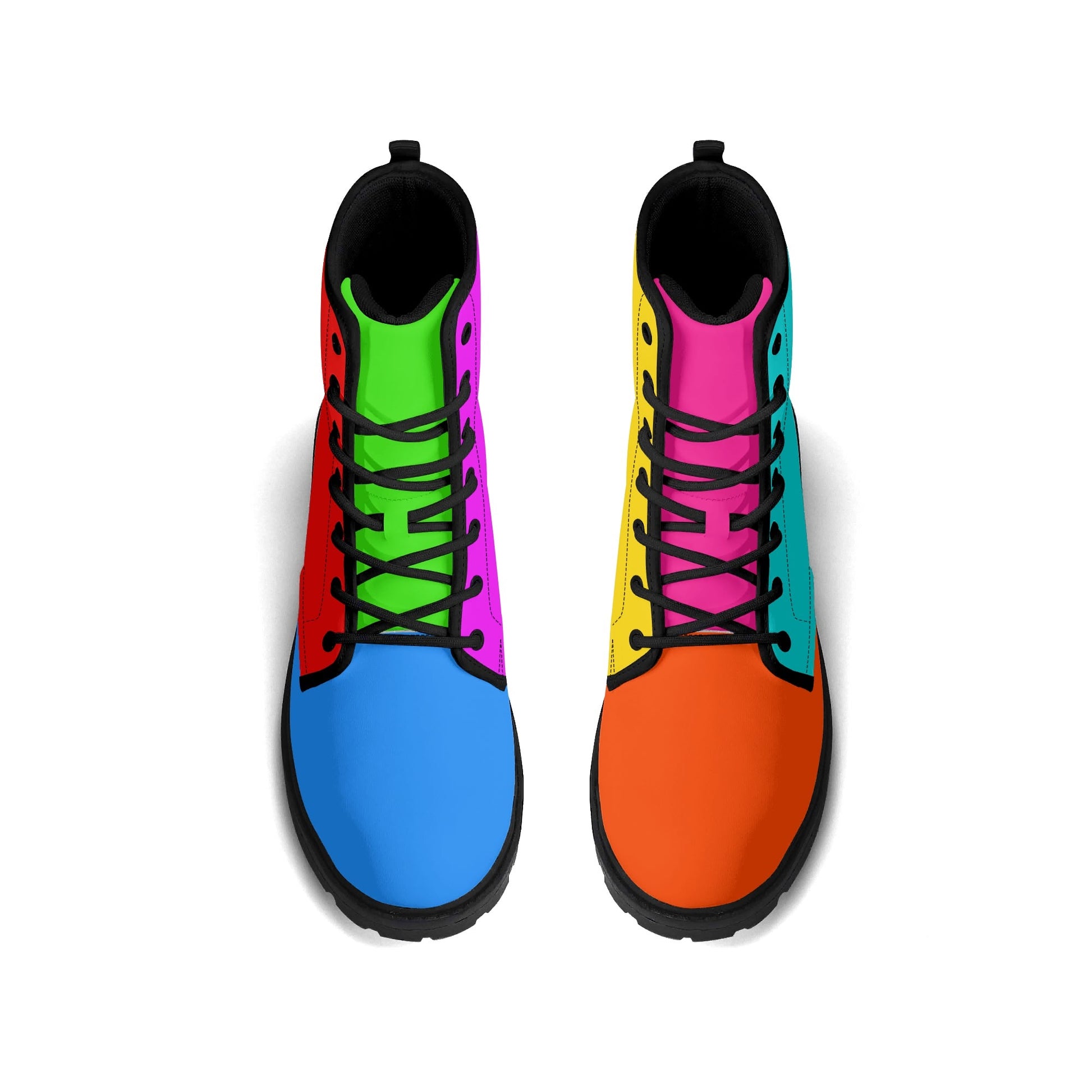 Treadz Men's Mismatch Signature Boots - Flare featuring deliberately mismatched colorful boots with vibrant panels. Left boot combines blue, red, and neon green, while right boot displays orange, yellow, and pink. Black laces and trim complete the artistic design.